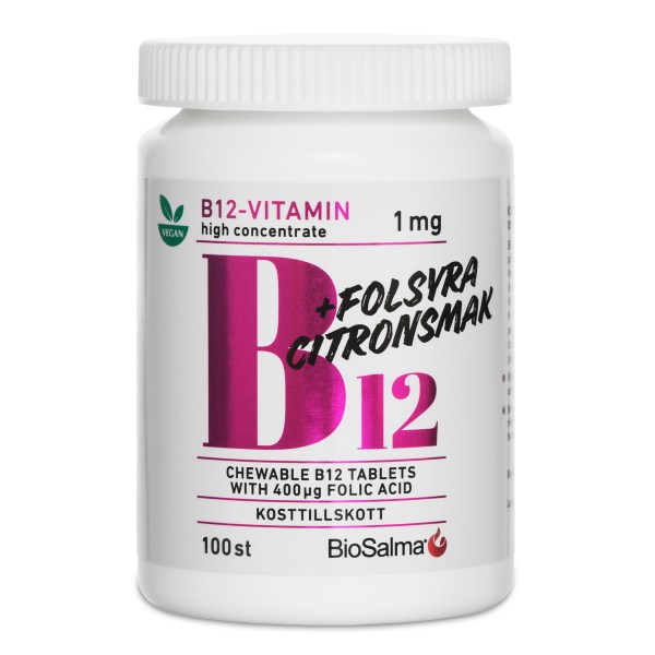 BioSalma B12-vitamin 1mg + Folsyre, 100 tabletter