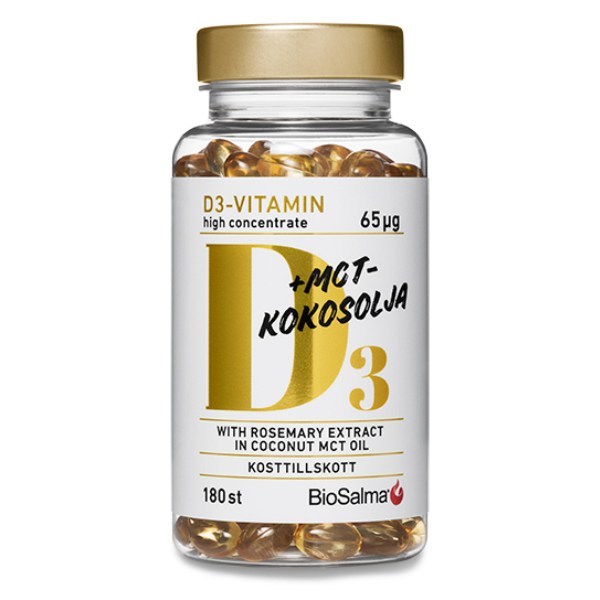 BioSalma D3-vitamin 65 ug MCT-kokosolie, 180 kapsler