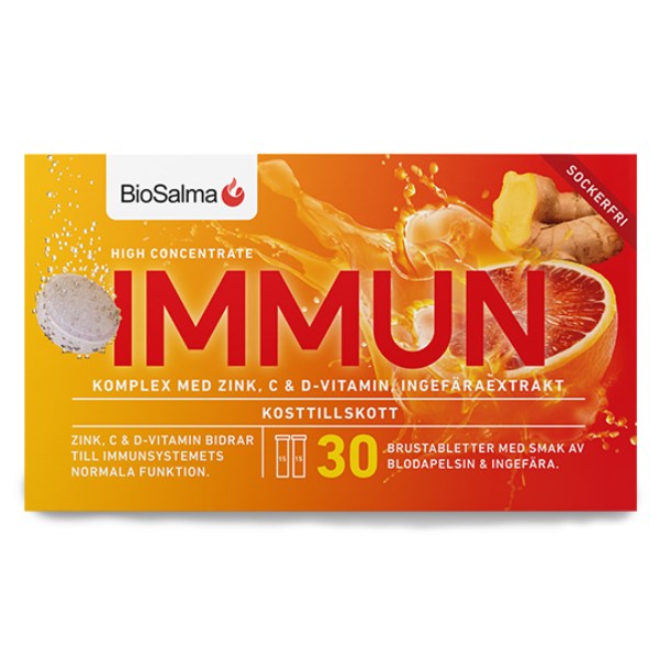 BioSalma Immun C+D-vitamin Zink, Blodappelsin & Ingefær, 30 brusetabletter