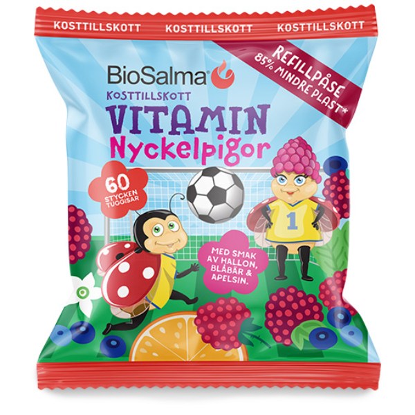 BioSalma Multivitamin Mariehøne, Hindbær/Blåbær/Appelsin, Refill - 60 Gummies