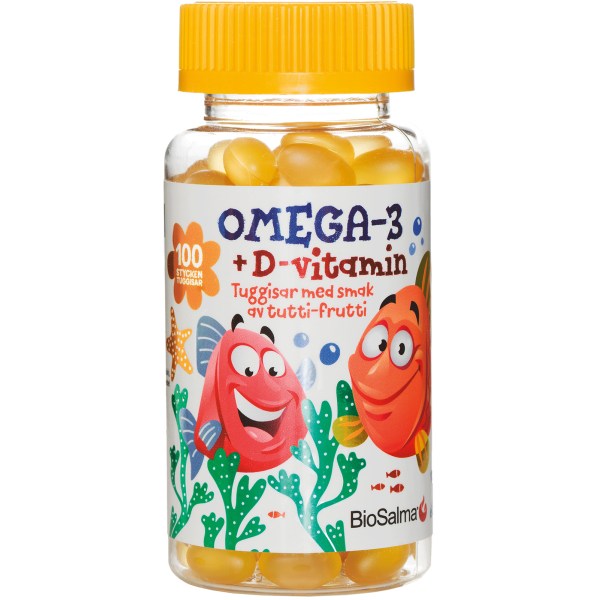 BioSalma Omega-3 + D-vitamin, Tutti frutti, 100 tyggetabletter