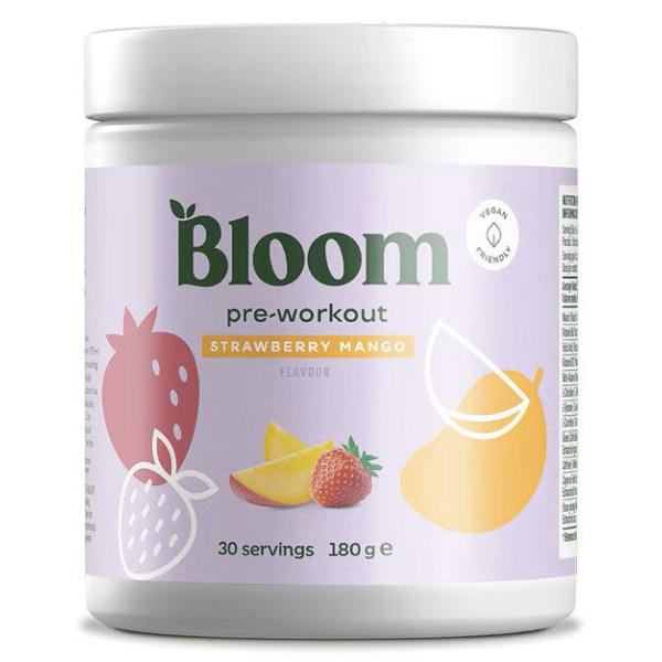 Præ-træningsprodukt med stimulerende virkning Bloom Pre-Workout, jordbær-mango 180 g
