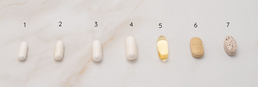Forskellige st�rrelser p� kapsler og tabletter p� r�kke