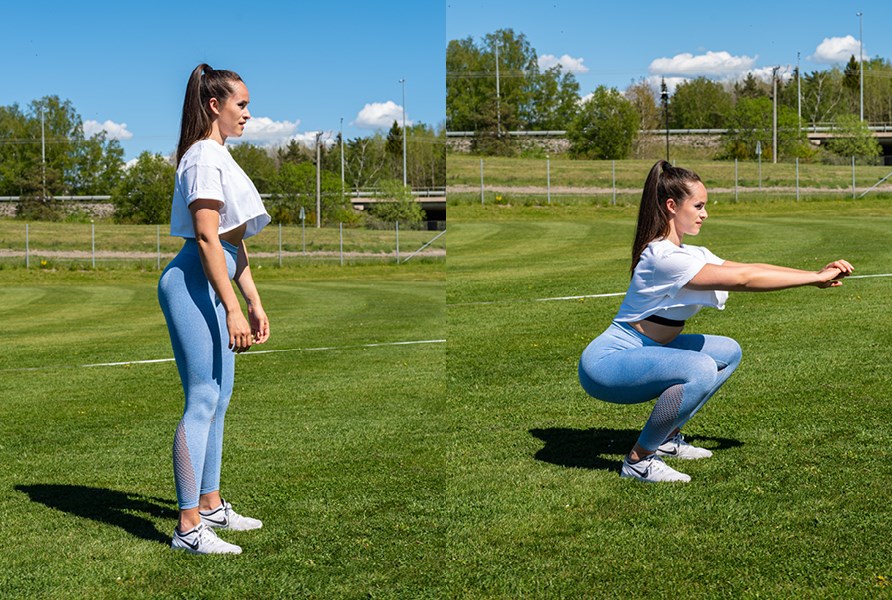 Pige, der trner udenfor og laver knbjninger.