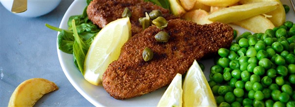 Schnitzel med kartoffelbde