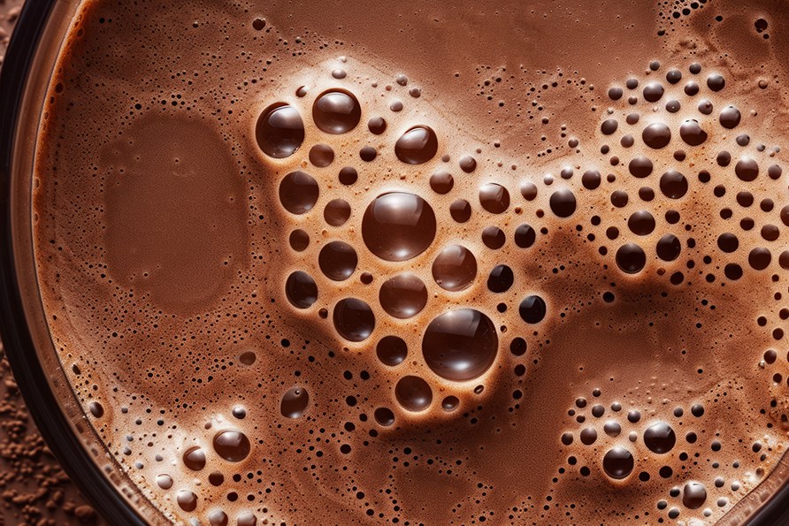 En kop varm kakao ses oppefra med bobler.