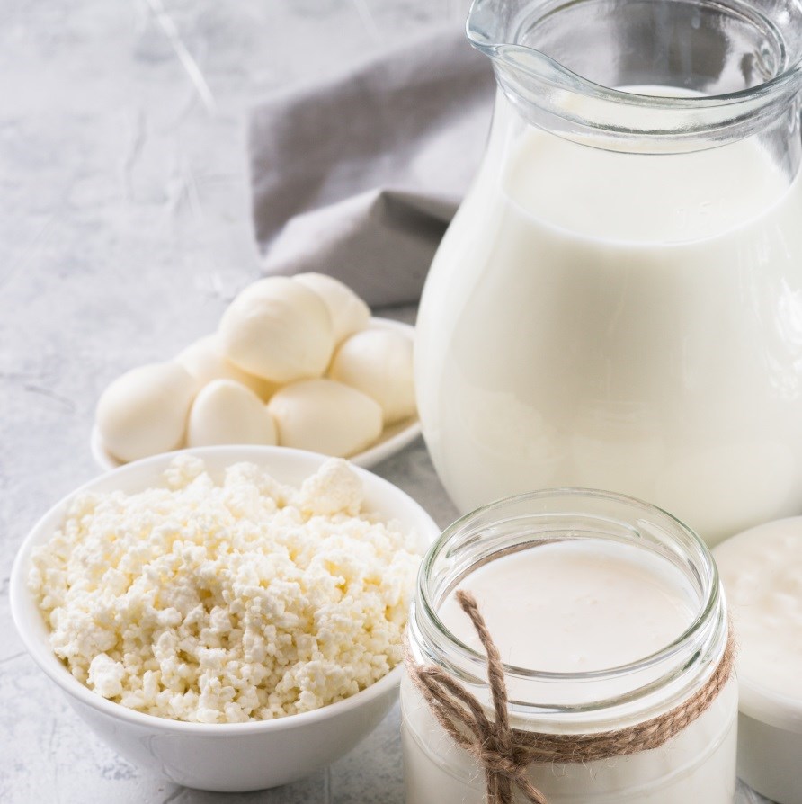 Forskellige mlkefdevarer som indeholder meget B2-vitamin.